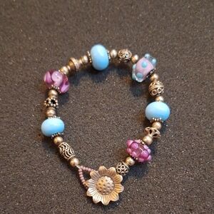 Gold-Tone Sunflower Charm Bracelet with Blue and Pink Beads